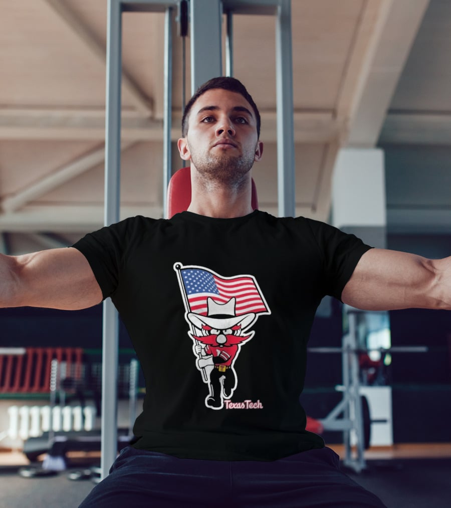 Texas Tech Red Raider Holding American Flag Sticker T-Shirt