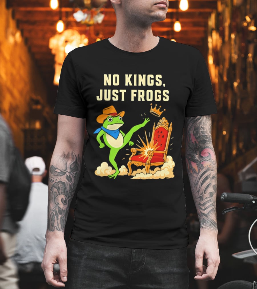 No Kings Just Frogs Portland Cowboy Frog Kicking Crown From Throne T-Shirt