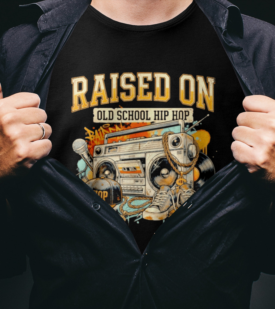 Raised On Old School Hip Hop Boombox Sneakers Microphone Cap Vinyl T-Shirt