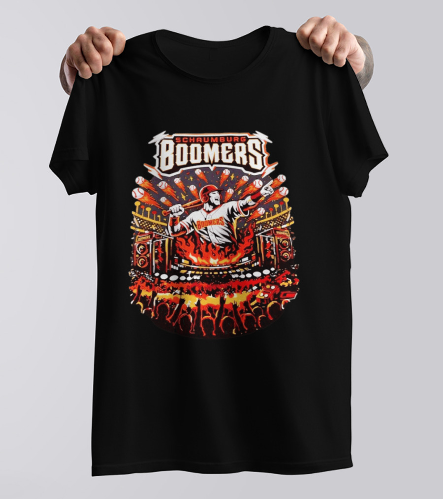 Schaumburg Boomers Flaming Baseball Batter Stadium Fireworks T-Shirt