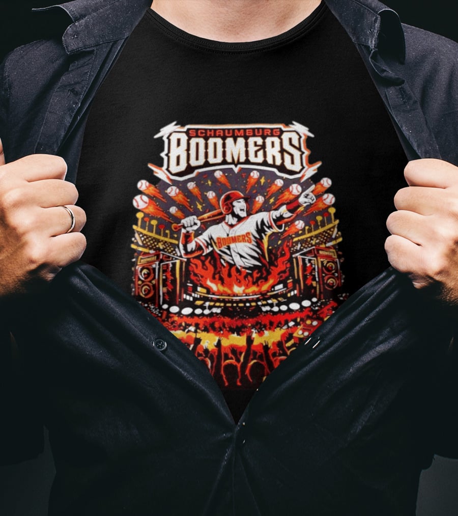 Schaumburg Boomers Flaming Baseball Batter Stadium Fireworks T-Shirt