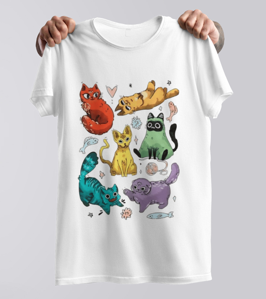 Whimsical Colorful Cats And Rainbow Hearts Collage T-Shirt