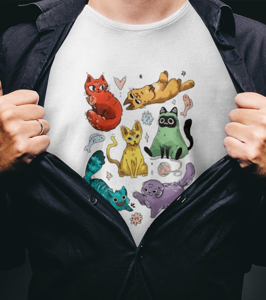 Whimsical Colorful Cats And Rainbow Hearts Collage T-Shirt