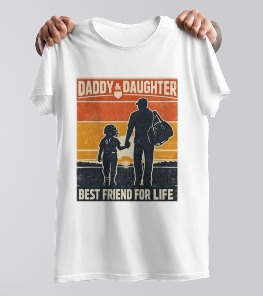 Daddy & Daughter Best Friend For Life Baseball Softball Silhouette Retro Sunset T-Shirt