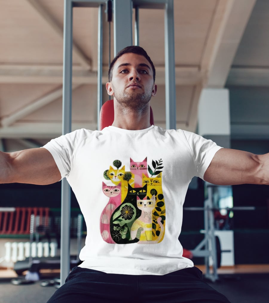 Vibrant Stylized Cats Botanical Foliage Whimsical T-Shirt