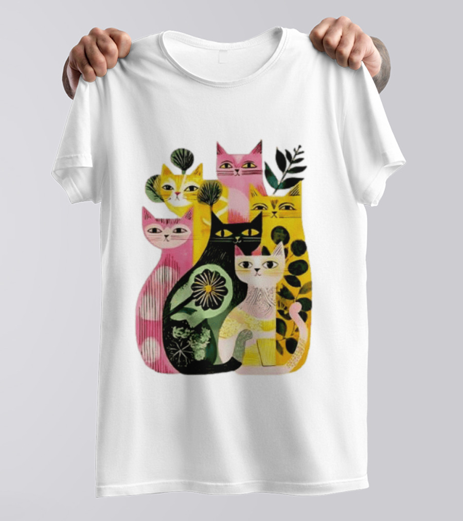 Vibrant Stylized Cats Botanical Foliage Whimsical T-Shirt
