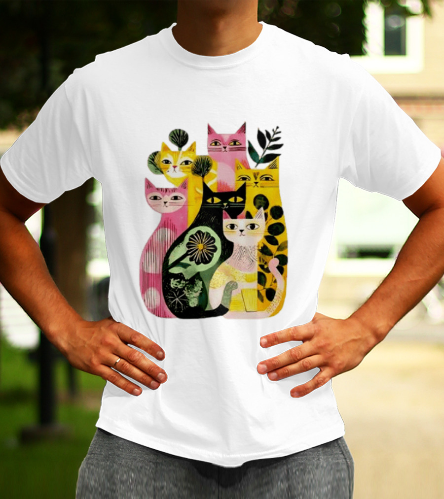 Vibrant Stylized Cats Botanical Foliage Whimsical T-Shirt