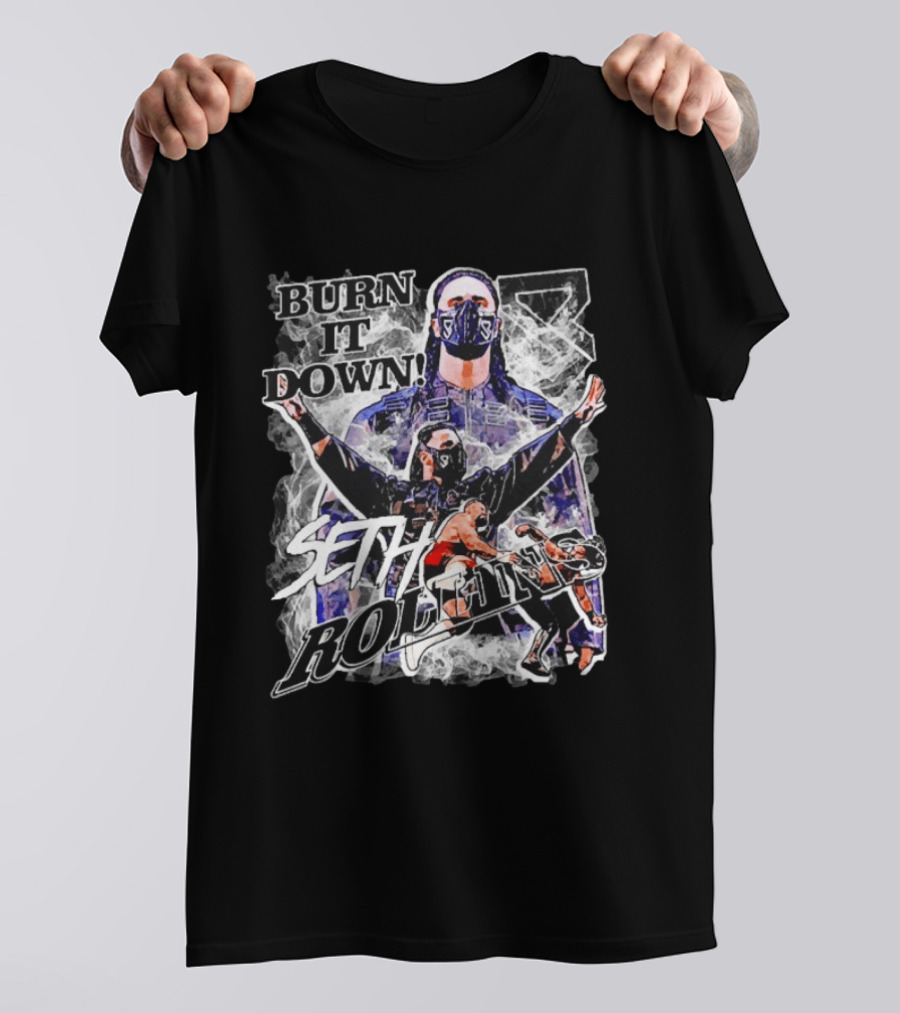 Seth Rollins Burn It Down Wrestling Action Fighter Masked Champion T-Shirt