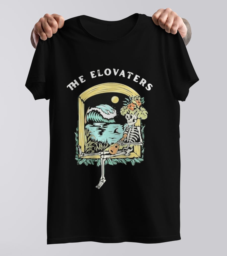 The Elovaters Endless Summer Skeleton Surfing Ukulele Moonlight Scene T-Shirt