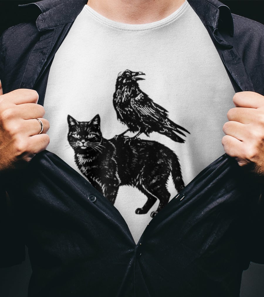 Black Cat And Raven Silhouette Duo T-Shirt