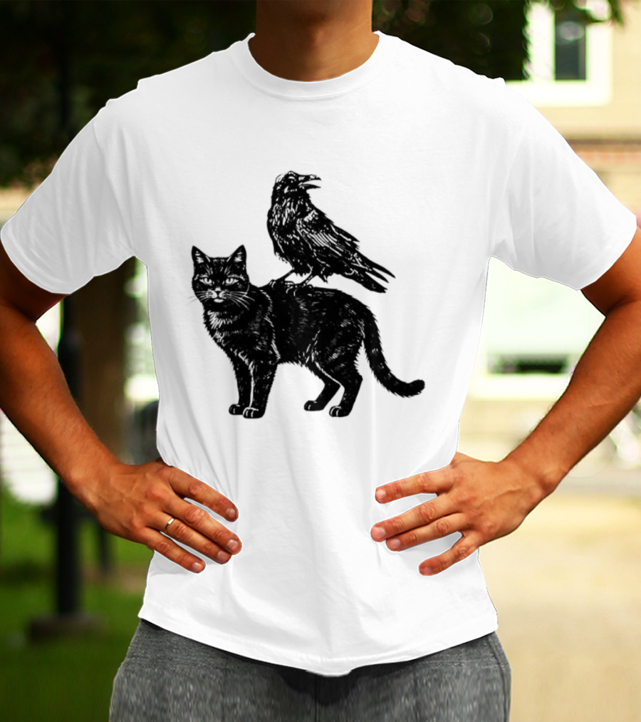 Black Cat And Raven Silhouette Duo T-Shirt