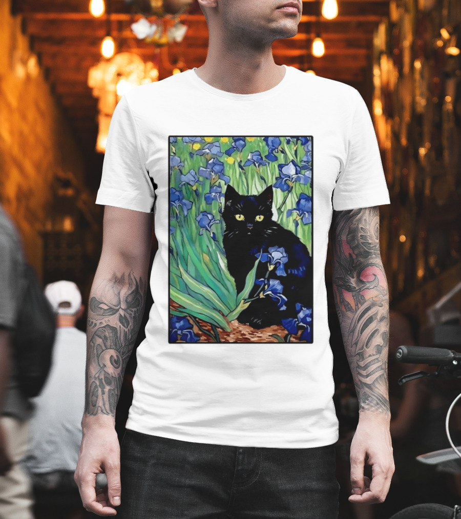 Black Cat With Van Gogh Irises Painting T-Shirt
