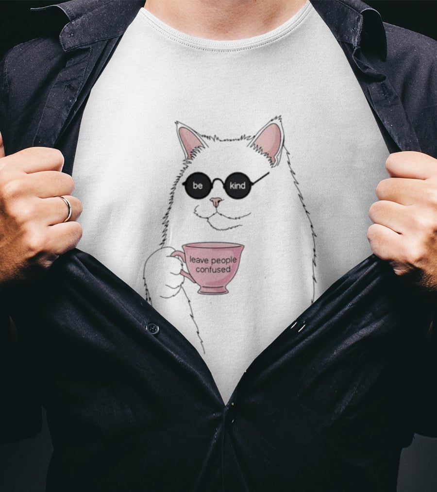 Cat With Sunglasses Holding 'Leave People Confused' Coffee Cup T-Shirt