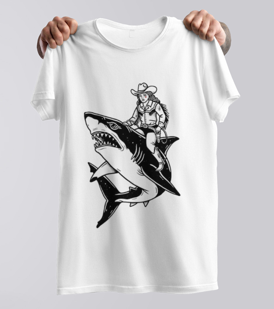 Cowgirl Riding Shark Novelty T-Shirt
