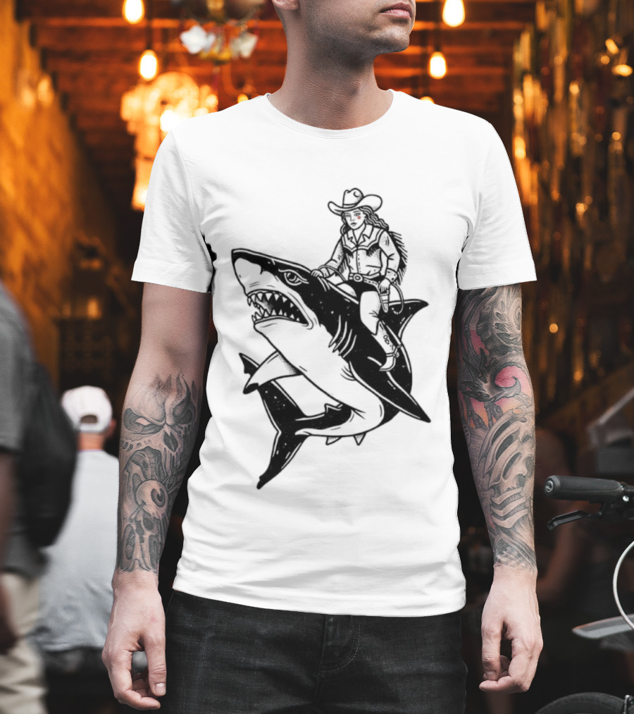 Cowgirl Riding Shark Novelty T-Shirt