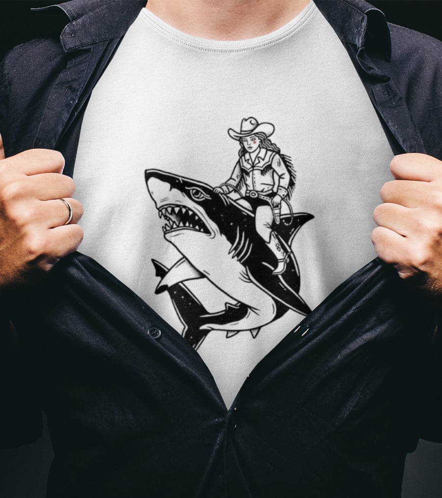 Cowgirl Riding Shark Novelty T-Shirt