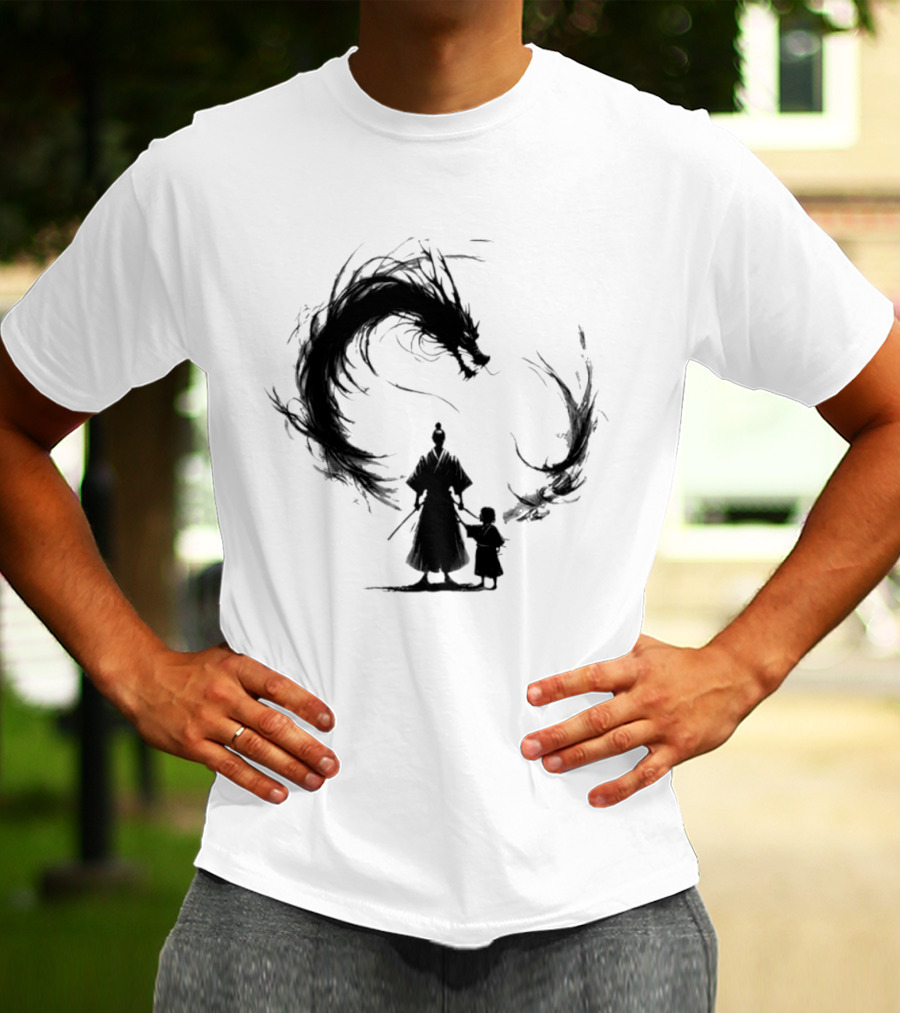 Samurai And Son With Black Dragon Circle T-Shirt