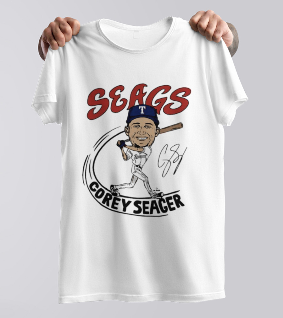 Seags Corey Seager Texas Rangers Slugger Swing Caricature T-Shirt