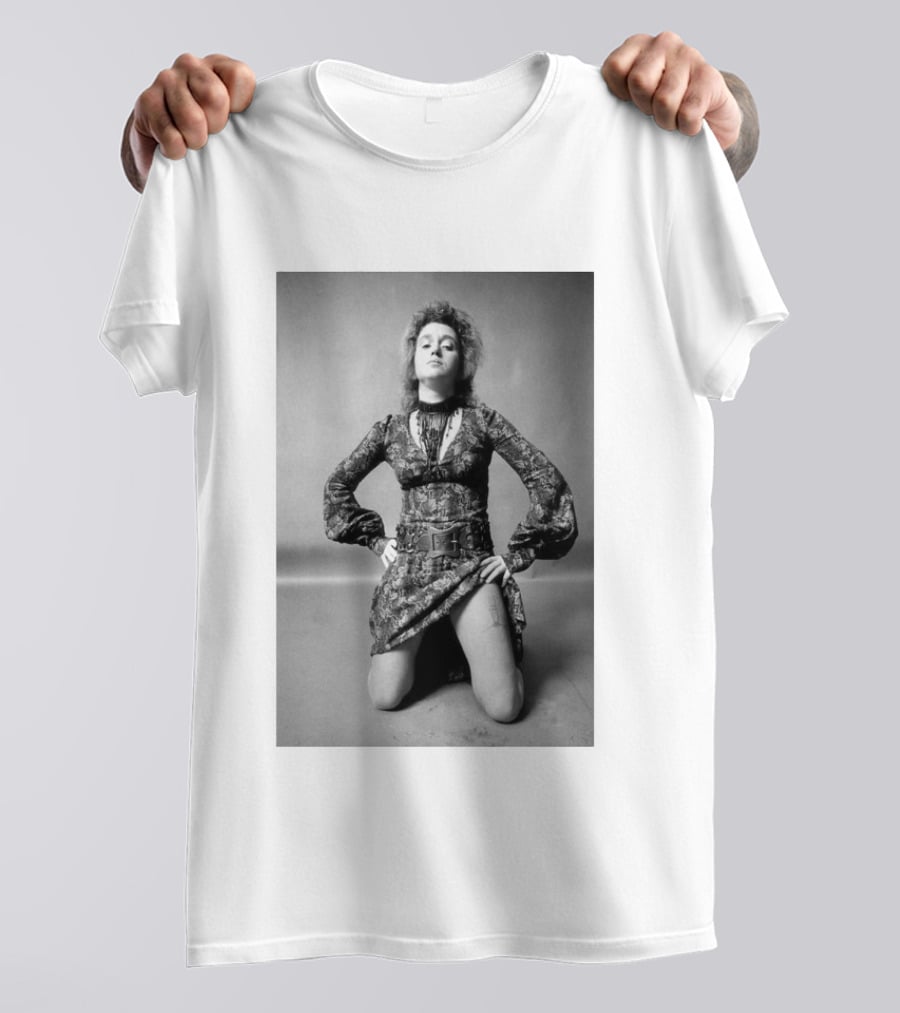 Valie Export Iconic Performance Tribute Kneeling Image With Patterned Dress And Belt T-Shirt