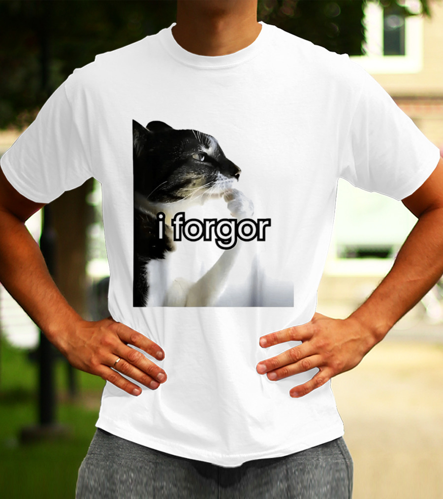 Cat I Forgor Meme Digital Image Paw Licking Pensive Moment T-Shirt