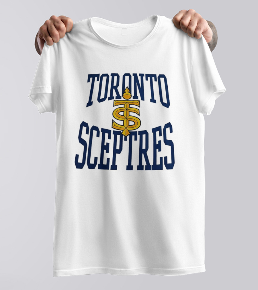Toronto Sceptres Sports Team Logo Icon With Gold Emblem And Blue T-Shirt