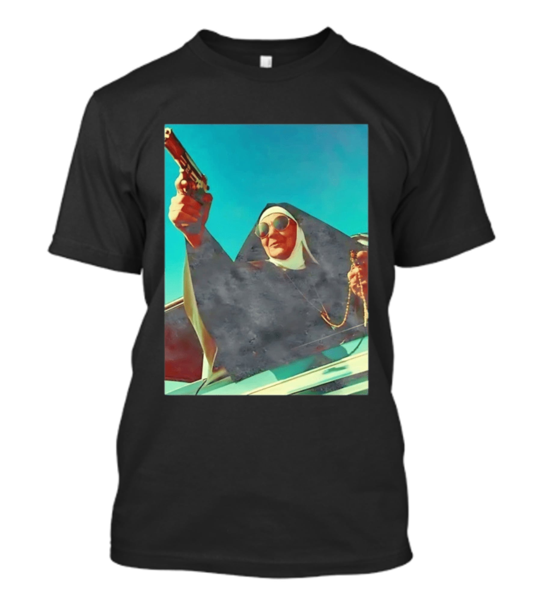 Nun In Black Habit Leaning Out Lowrider With Gun And Rosary T-Shirt