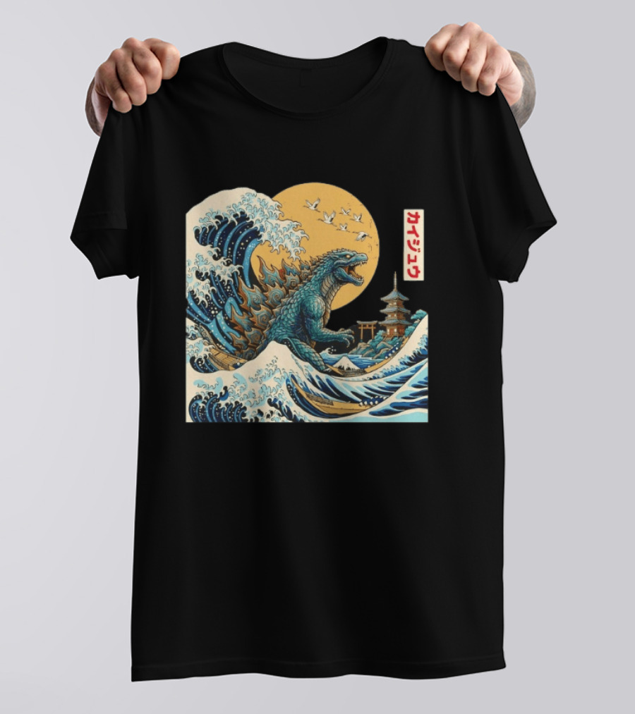 Kaiju Wave Monster Japanese Kawaki Kanji Pagoda Ukiyo E T-Shirt
