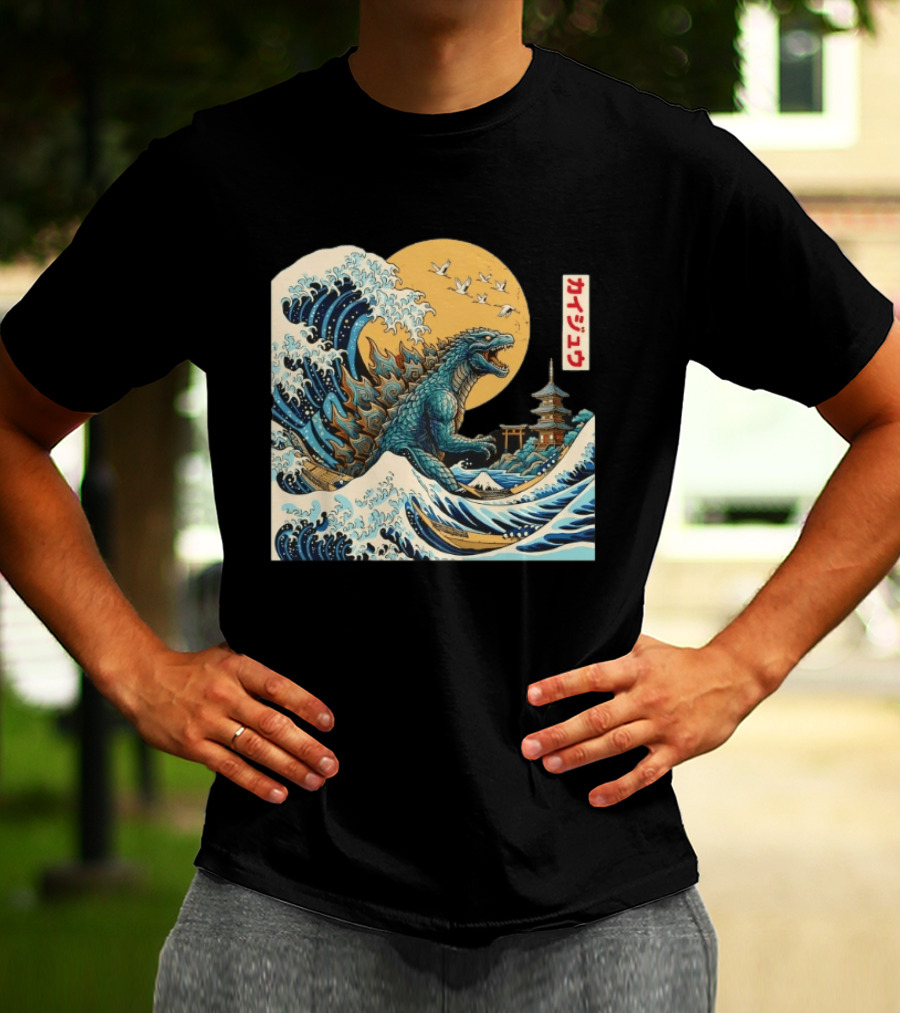 Kaiju Wave Monster Japanese Kawaki Kanji Pagoda Ukiyo E T-Shirt