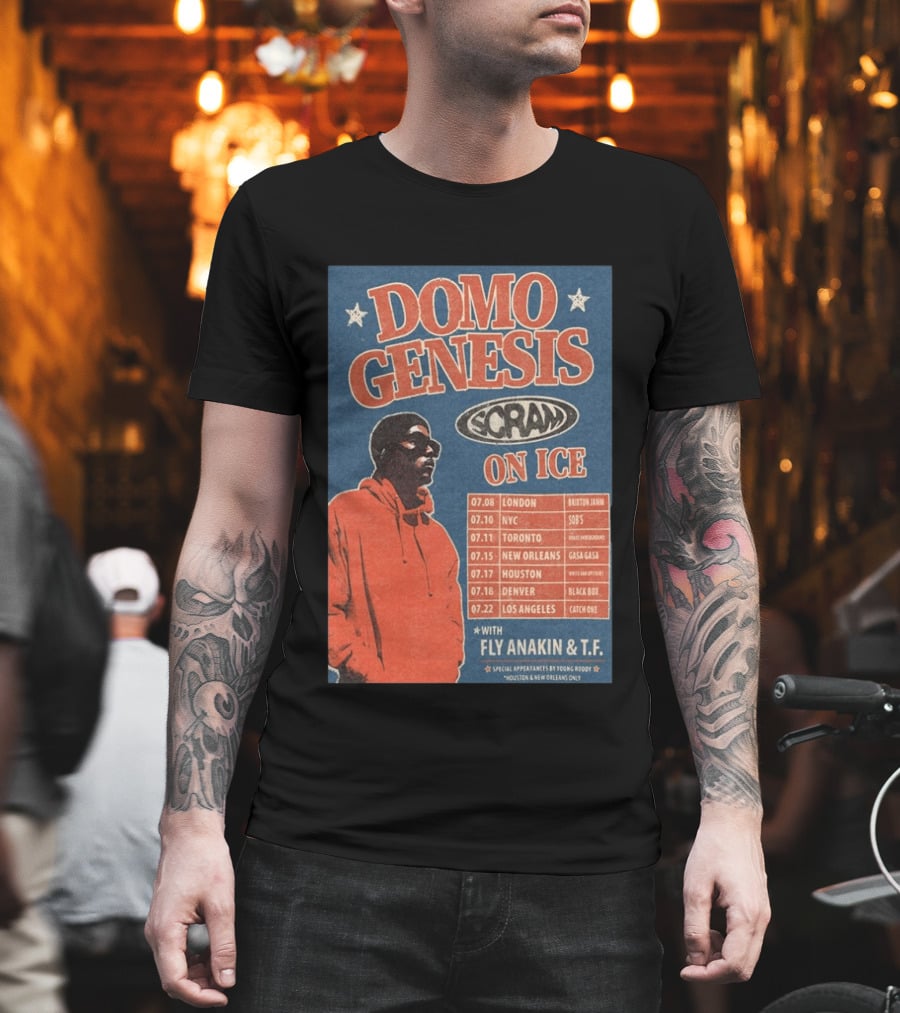 Domo Genesis Scram On Ice World Tour 2026 With Fly Anakin And T.F. London NYC Toronto New Orleans Houston Denver Los Angeles T-Shirt