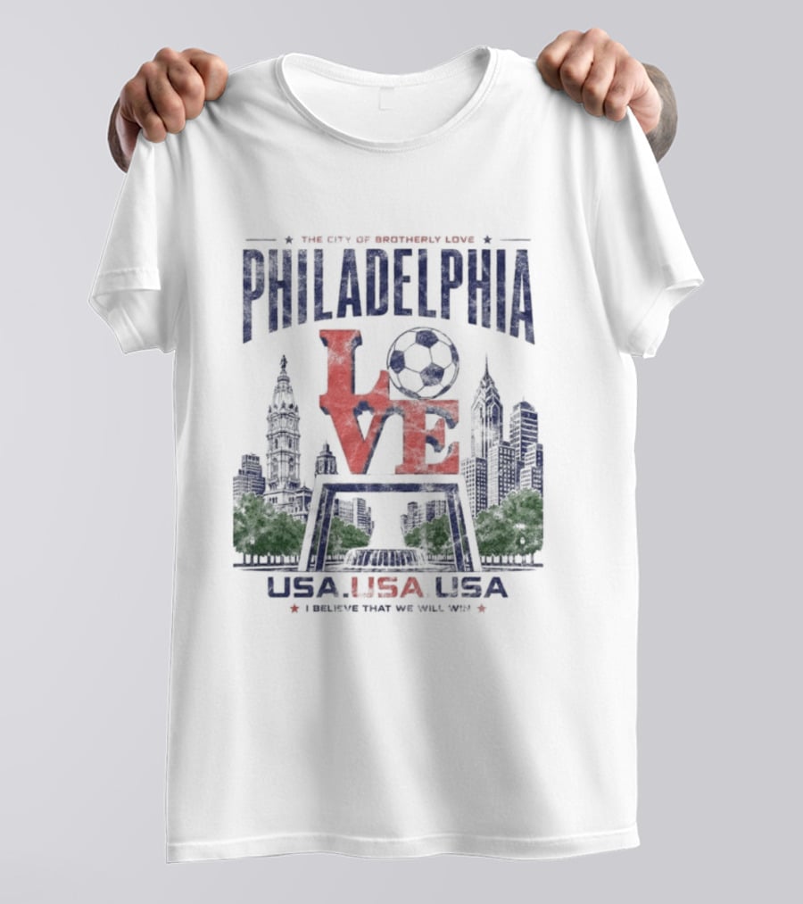 Philadelphia Pennsylvania Love Soccer Skyline USA Patriotic Distressed T-Shirt
