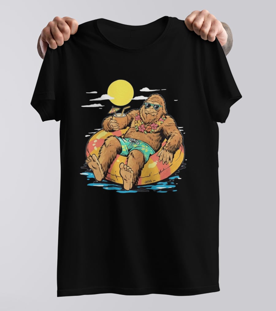 Bigfoot Lounging With A Cocktail In Tropical Beach Getaway Scene T-Shirt