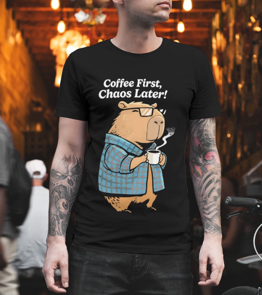Coffee First Chaos Later Capybara In Plaid With T-Shirt