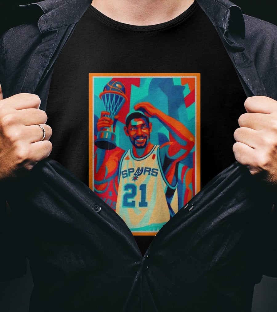Tim Duncan San Antonio Spurs 21 Holding Trophy Victory Celebration T-Shirt