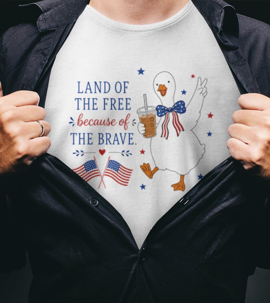 Land Of The Free Because Of The Brave Duck With Flags And Bubble Tea T-Shirt