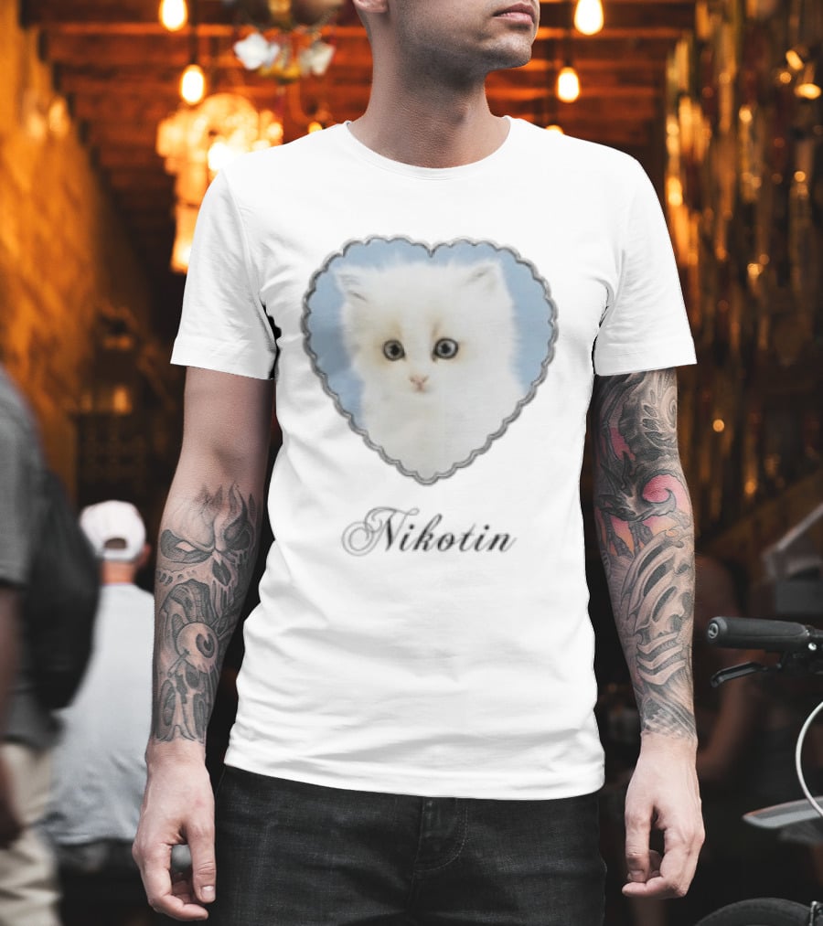 Nikotin Kitten Heart Cute White Cat In Blue Heart Frame T-Shirt