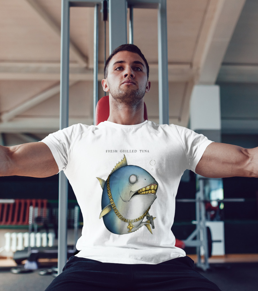 Fish Gun Fresh Grilled Tuna Gangster Chain Gold Teeth T-Shirt
