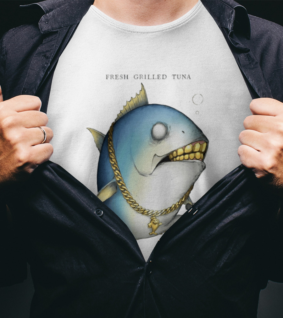 Fish Gun Fresh Grilled Tuna Gangster Chain Gold Teeth T-Shirt