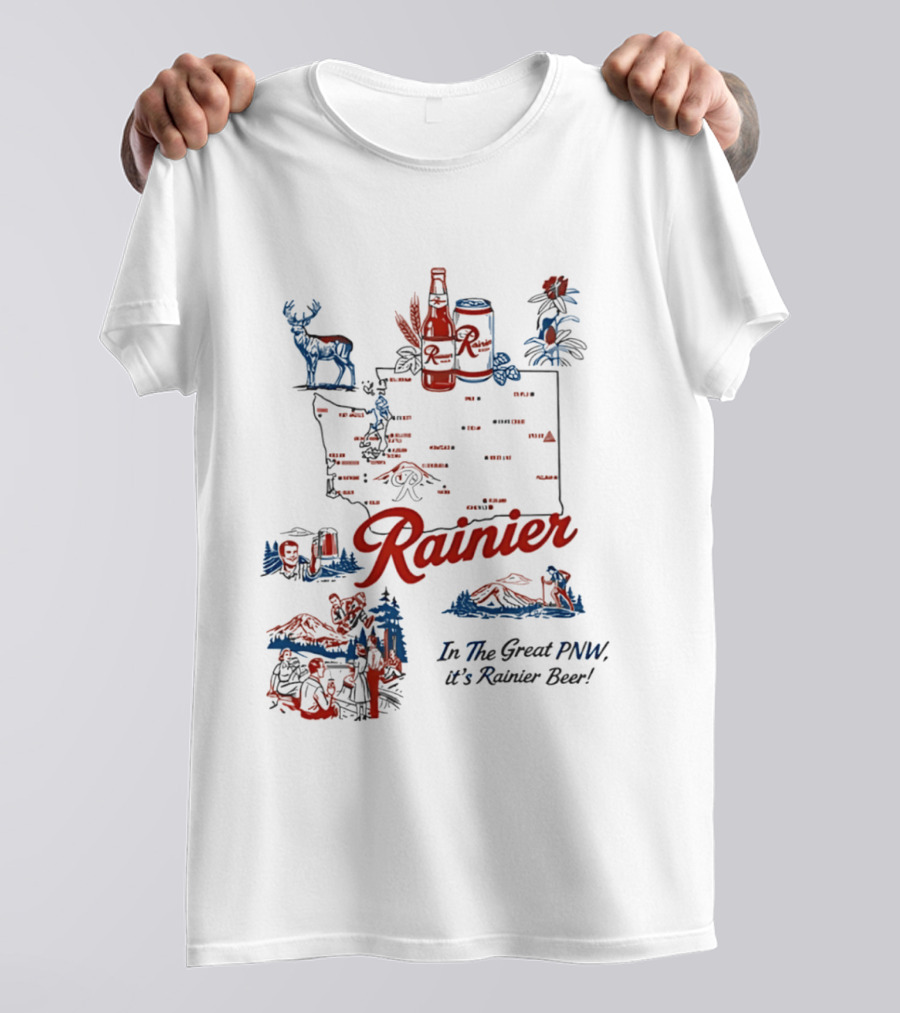 Rainier Beer In The Great PNW Rainier Beer Doodle Washington State Map Wilderness Scene T-Shirt