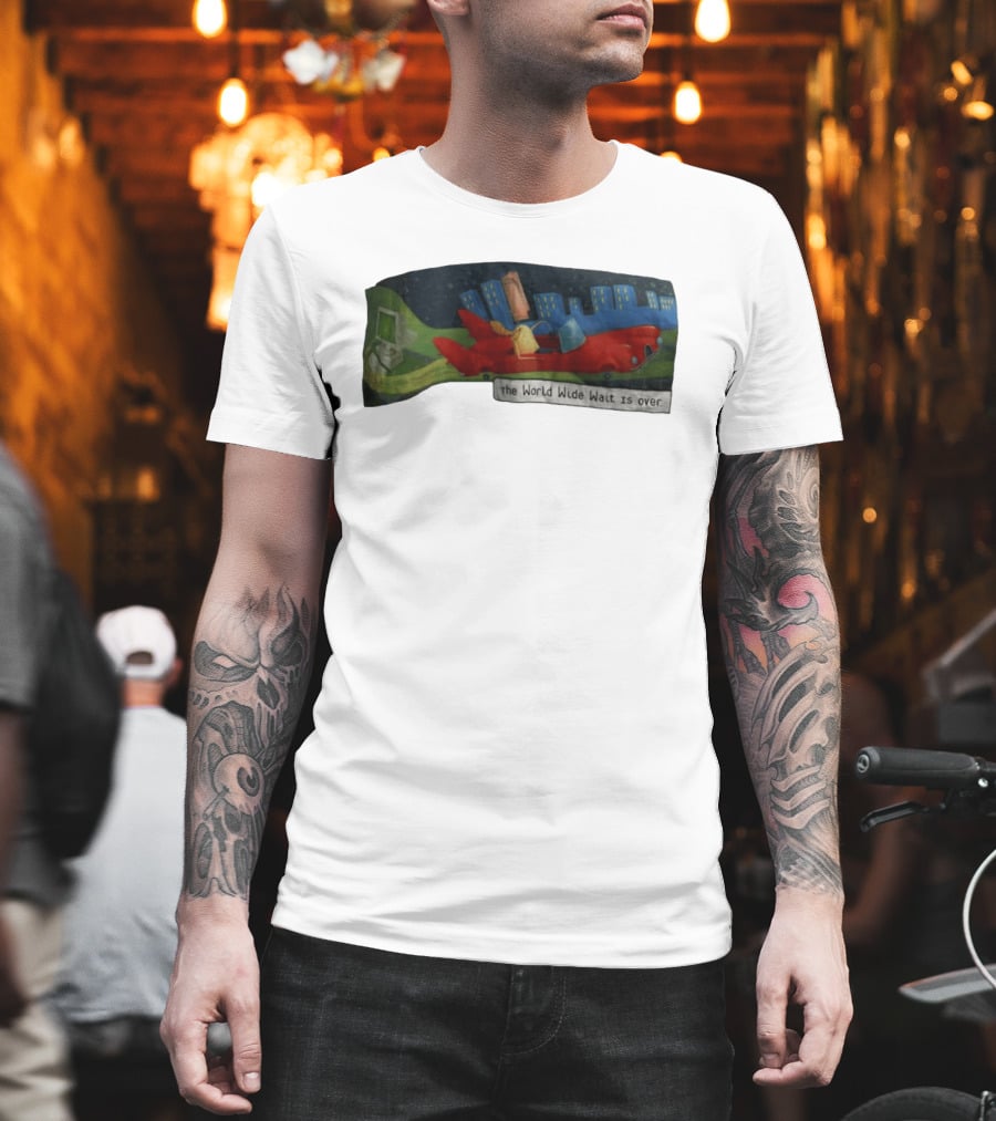 The World Wide Wait Is Over Red Car Cityscape Adventure T-Shirt