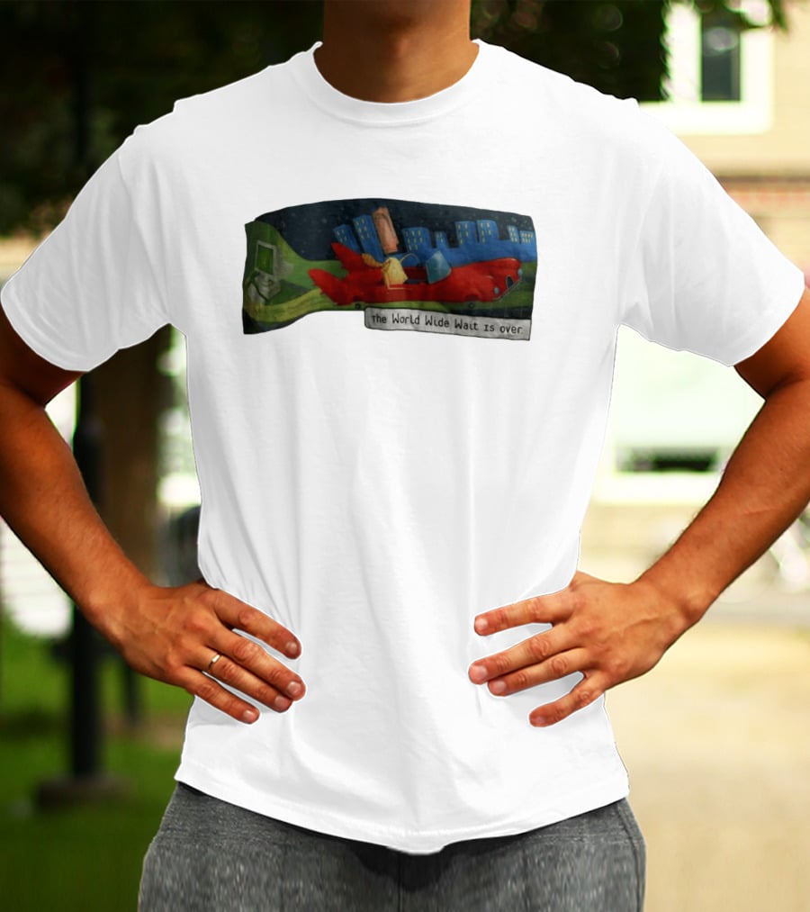 The World Wide Wait Is Over Red Car Cityscape Adventure T-Shirt
