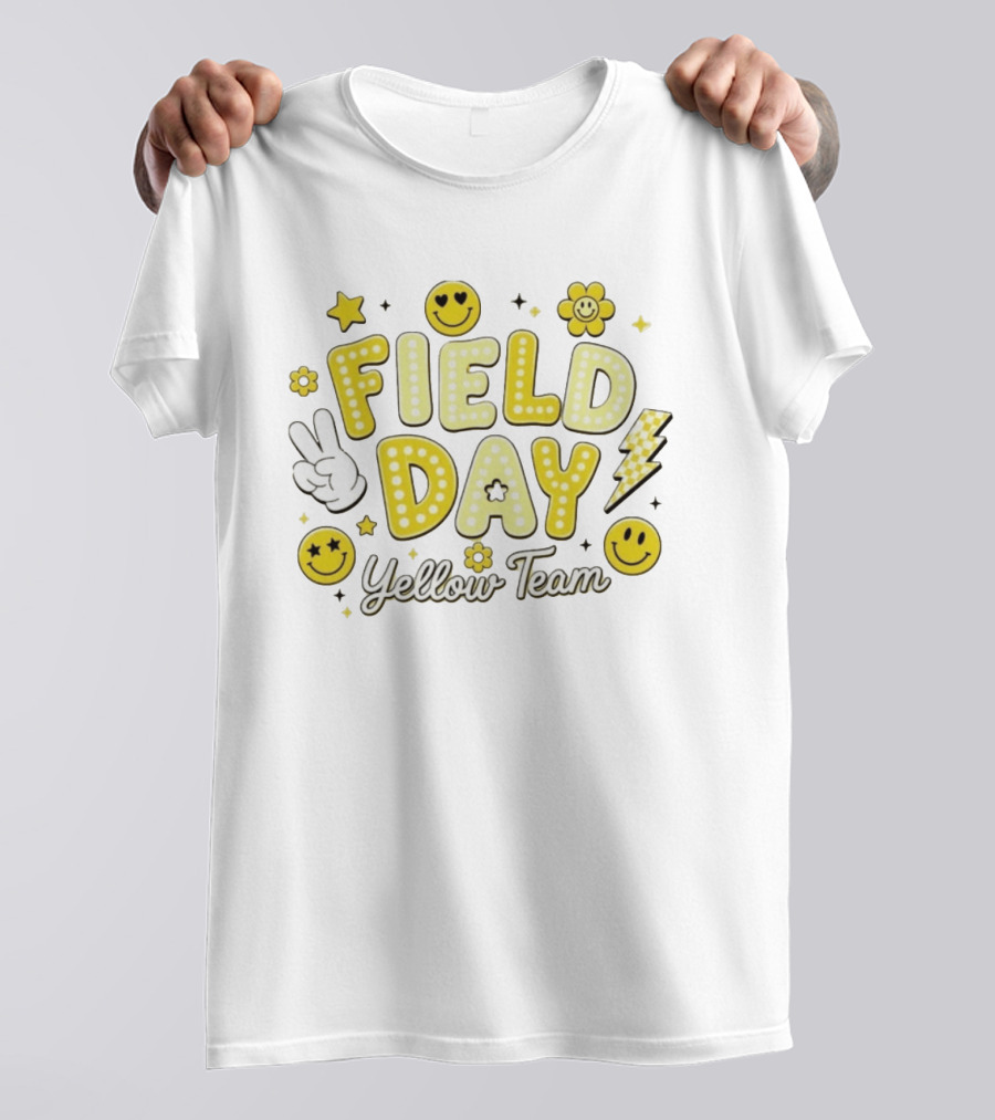 Field Day Yellow Team Smiley Faces Peace Sign Stars And Lightning Bolt T-Shirt