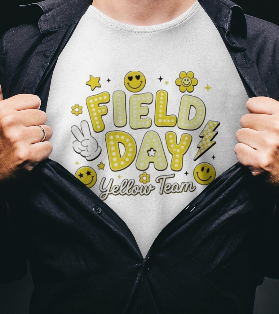 Field Day Yellow Team Smiley Faces Peace Sign Stars And Lightning Bolt T-Shirt