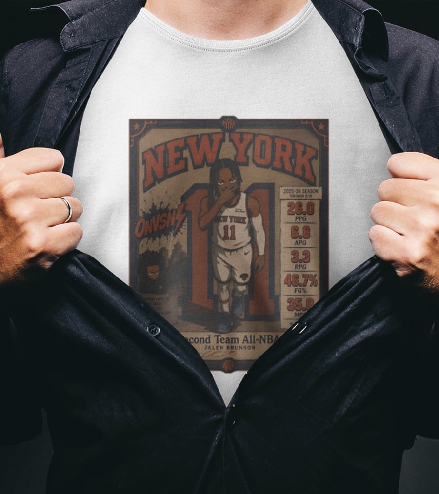 New York Knicks Jalen Brunson Second Team All NBA 2025 26 Season Stats And Animation T-Shirt