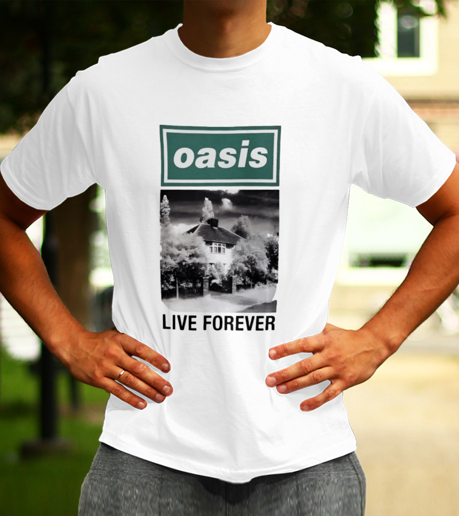 Oasis Live Forever Black And White House Image T-Shirt