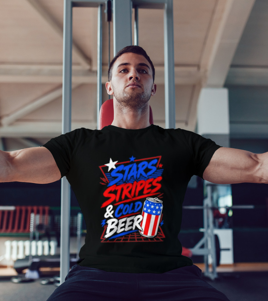Stars Stripes And Cold Beer American Flag Can Patriotic Celebration T-Shirt