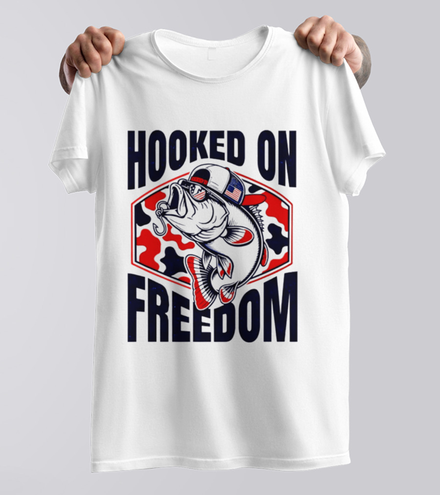 Hooked On Freedom Patriotic Fish Camo Hat T-Shirt