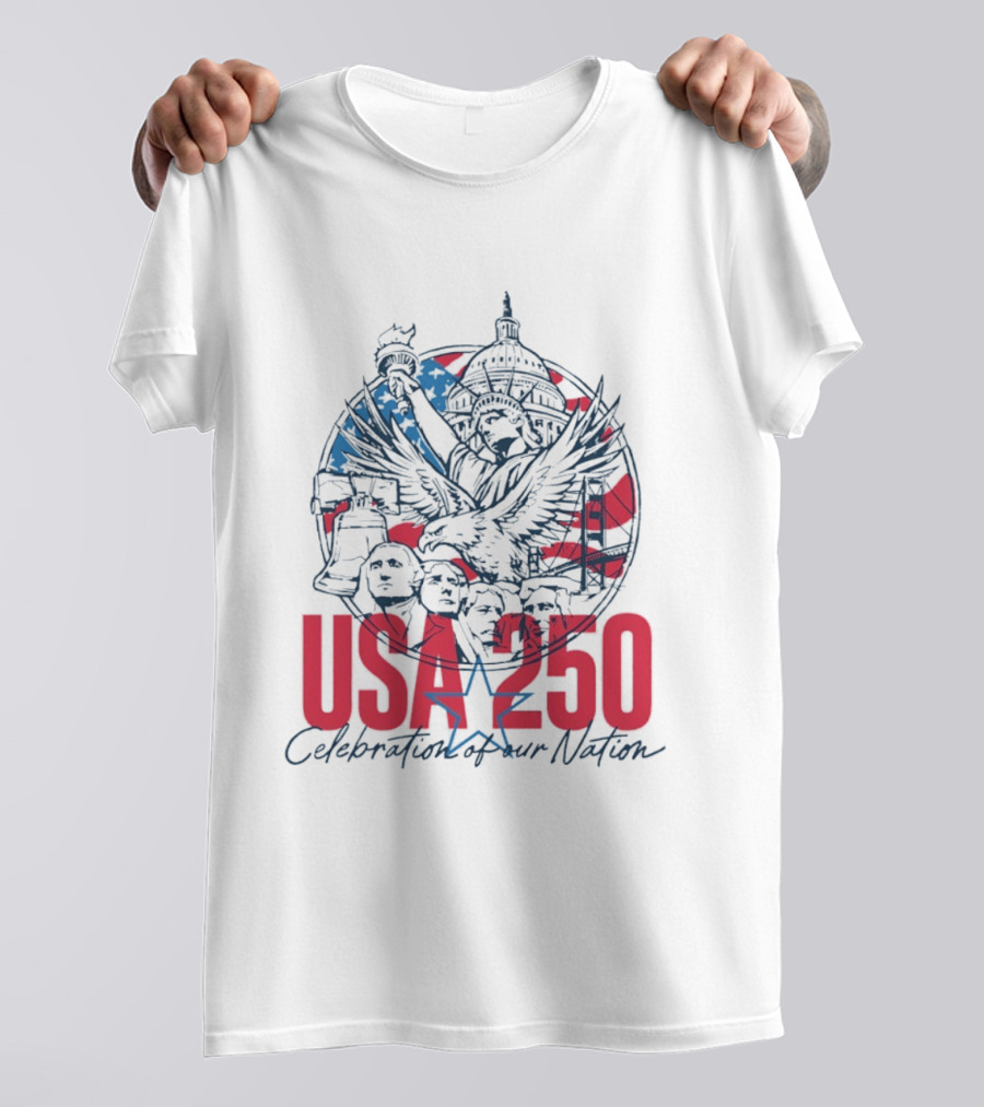 USA 250 Celebration Of Our Nation Symbols Liberty Capitol Eagle Mount Rushmore T-Shirt