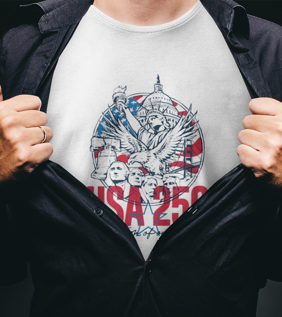 USA 250 Celebration Of Our Nation Symbols Liberty Capitol Eagle Mount Rushmore T-Shirt