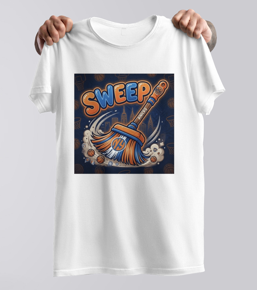 New York Knicks Sweep East Champs Basketball Skyline Broom T-Shirt