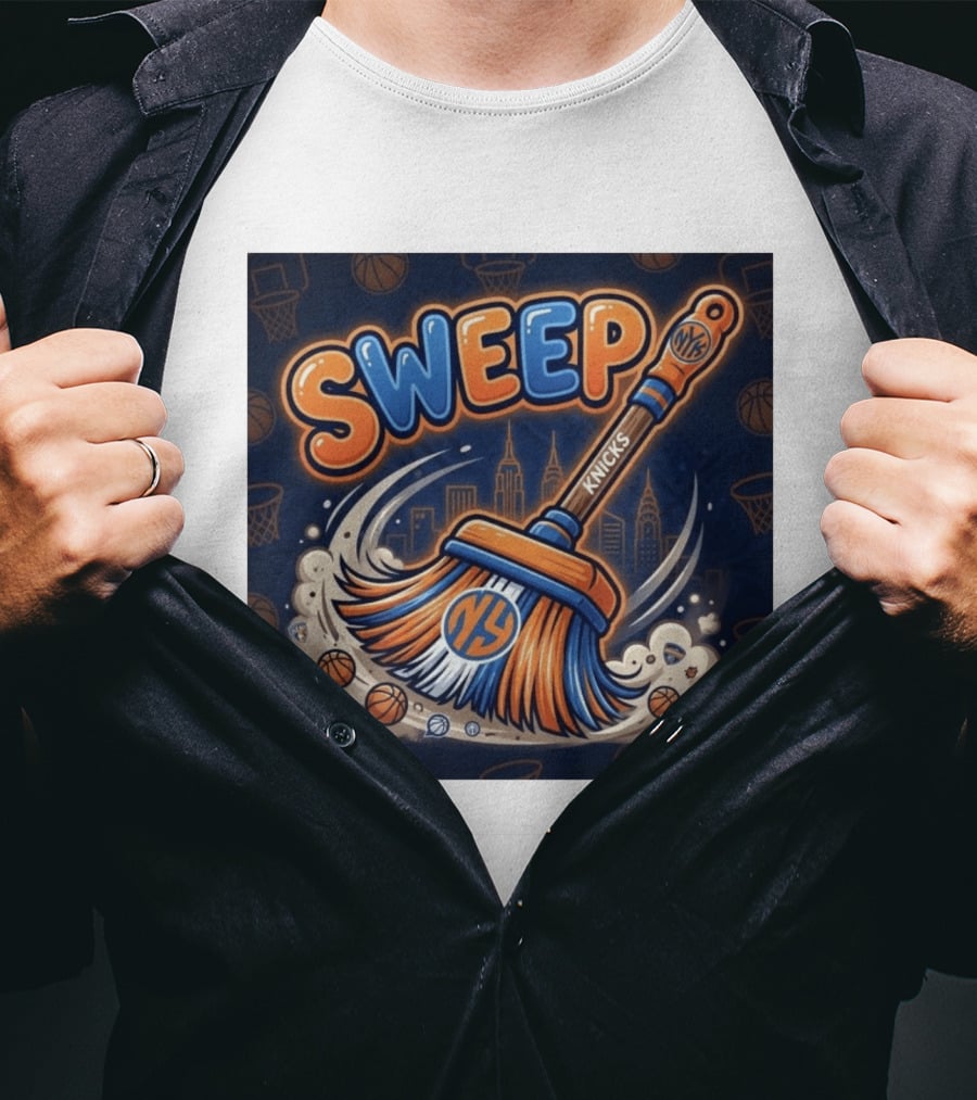 New York Knicks Sweep East Champs Basketball Skyline Broom T-Shirt